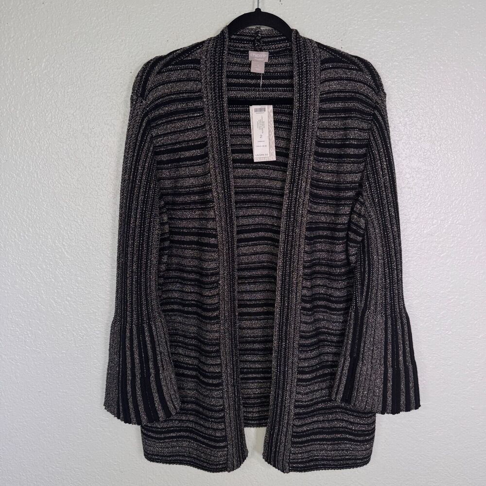 Chicos Travelers Cardigan Womens Large Metallic Knit Open Front Bell Sweater NEW